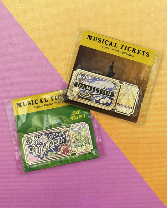 Hamilton and Wicked musical ticket hard enamel pin set | Funky Punky Designs