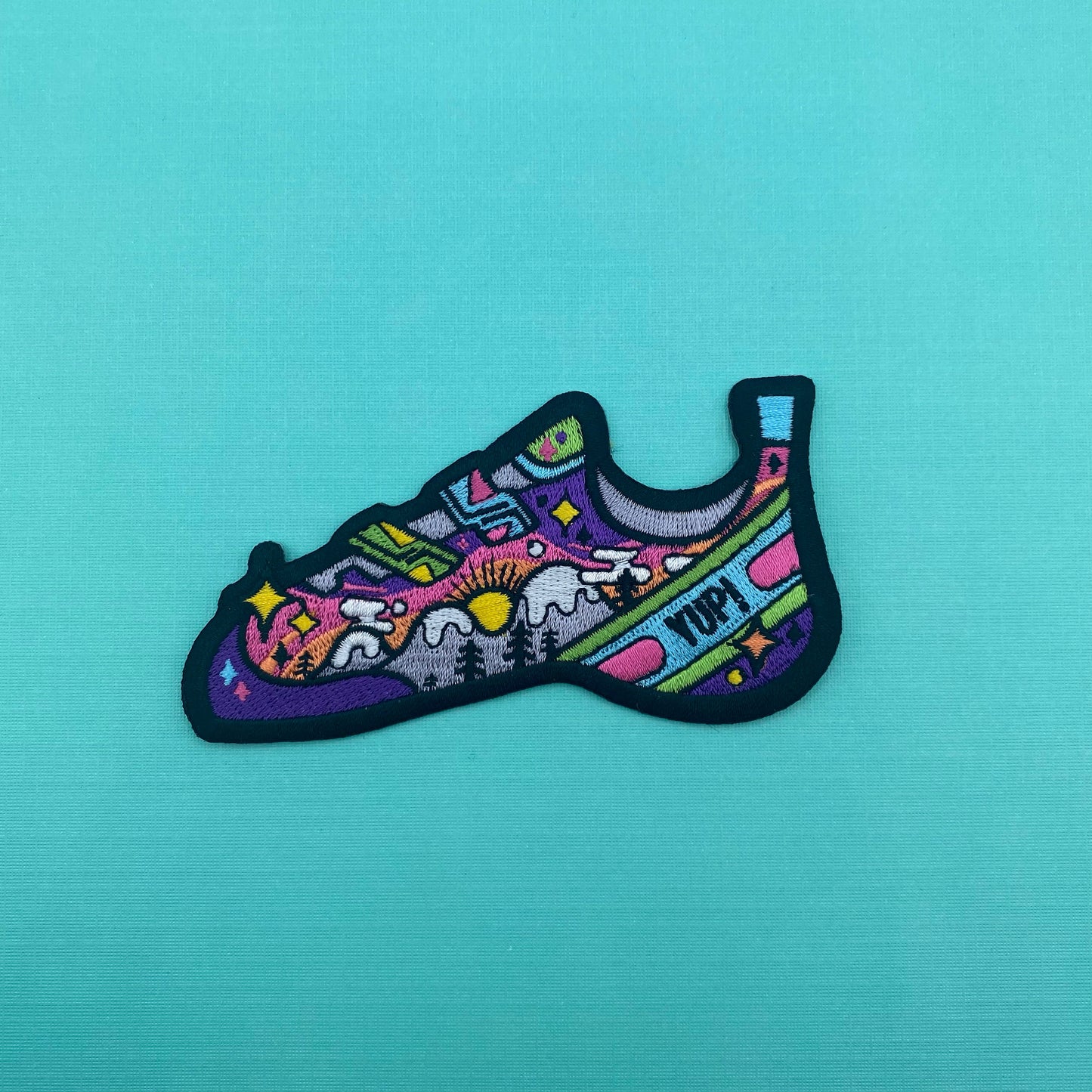 Yup climbing shoe embroidered iron-on patch - view 2 | Funky Punky Designs